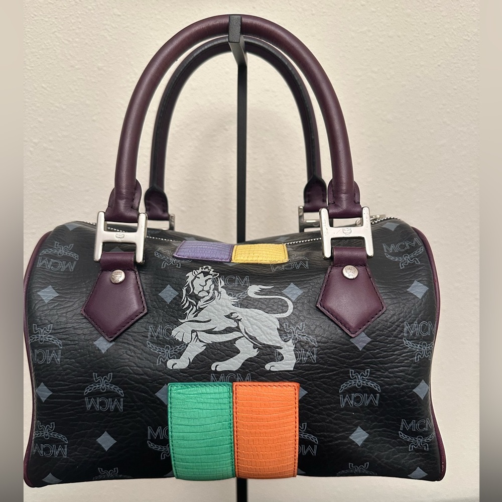 MCM Visetos Lion Princess Boston Bag with un branded crossbody strap